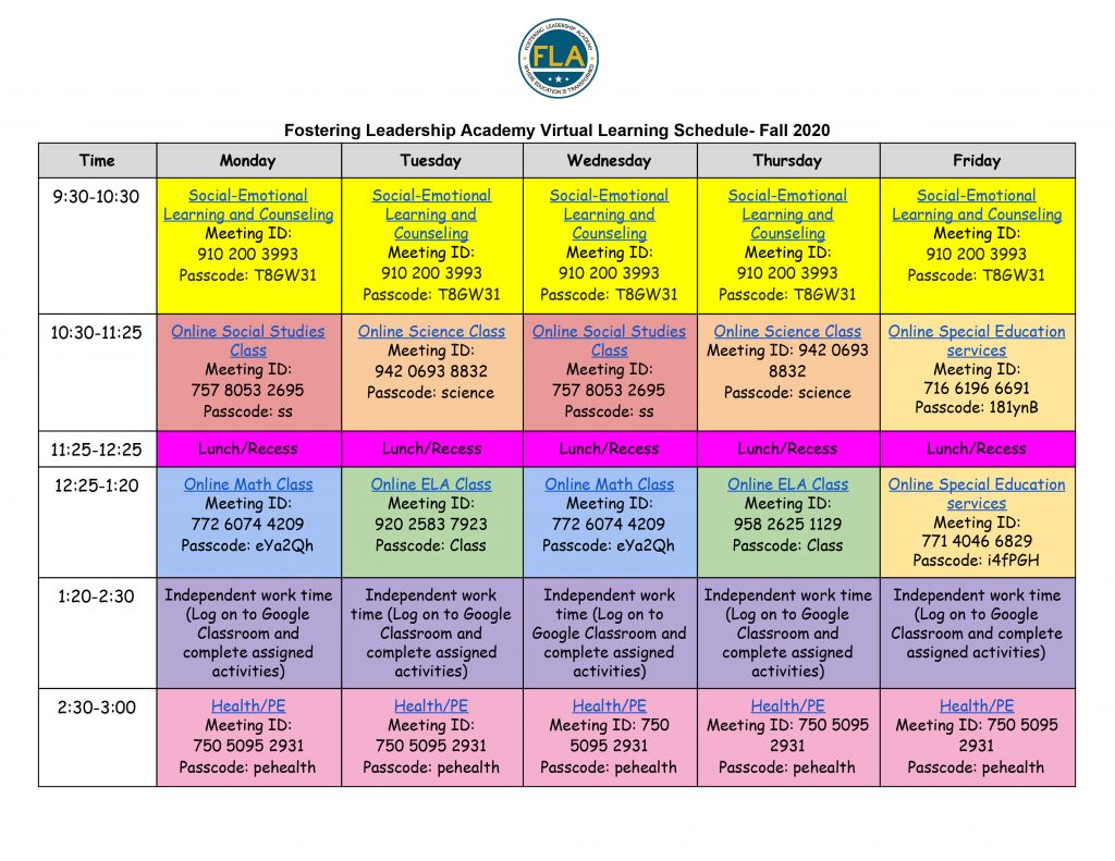 FLA 2020 Fall Virtual Learning Schedule